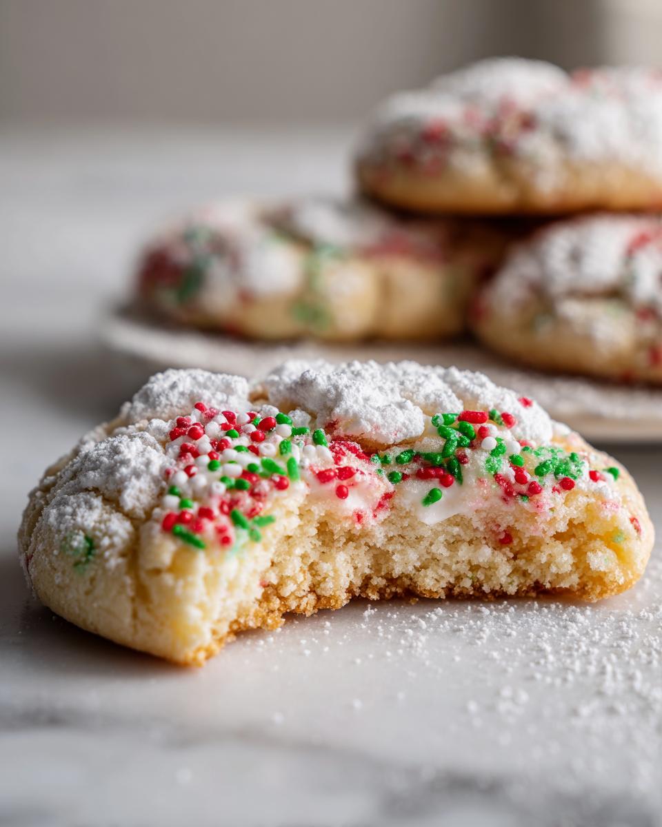 A close-up of a christmas gooey butter cookies with a bite taken out, showing the soft center and red/green sprinkles.