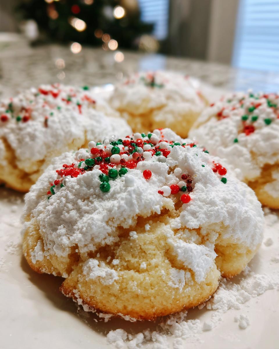 Close-up of soft, powdered sugar-dusted christmas gooey butter cookies topped with red, green, and white sprinkles.