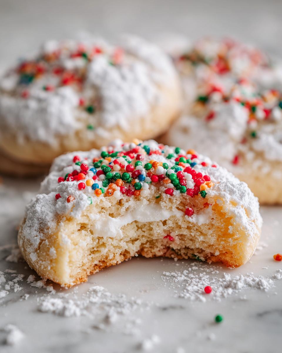 A bite taken out of a christmas gooey butter cookie showing the soft center and colorful sprinkles on top.