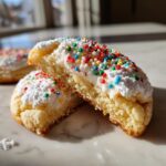 Close-up of a christmas gooey butter cookies cut in half, showing the soft interior and white frosting topped with colorful sprinkles.