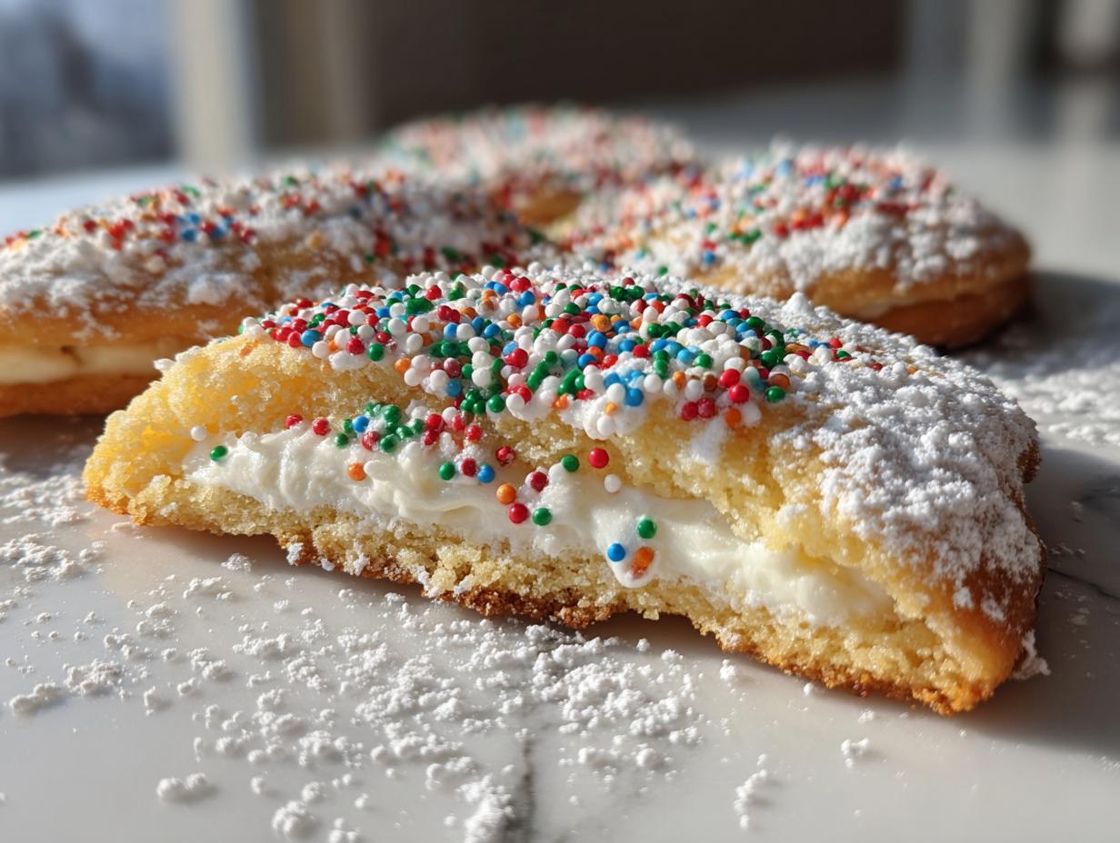 A cross-section view of a christmas gooey butter cookies filled with cream, topped with powdered sugar and colorful sprinkles.
