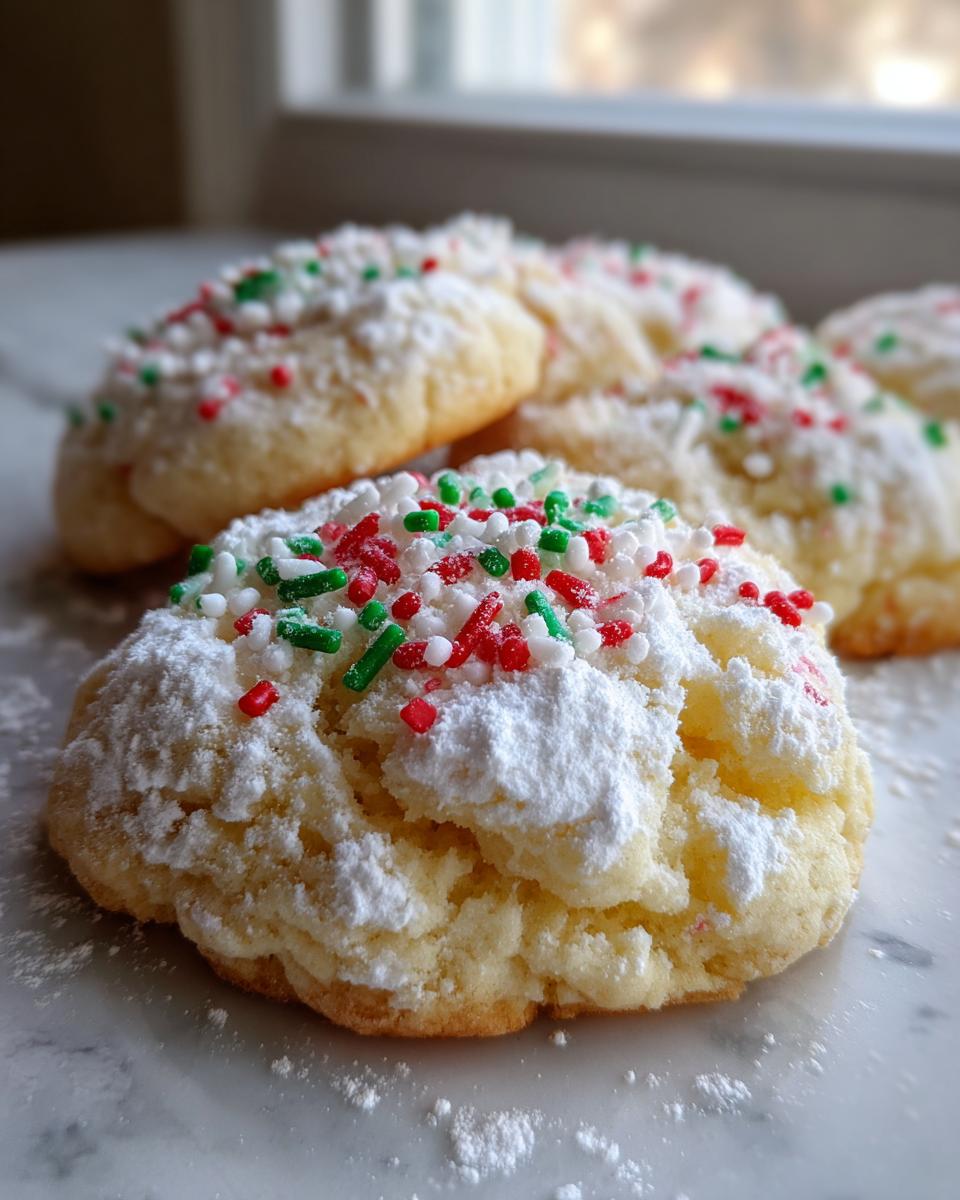 A close-up of soft, crinkled christmas gooey butter cookies dusted with powdered sugar and red and green sprinkles.
