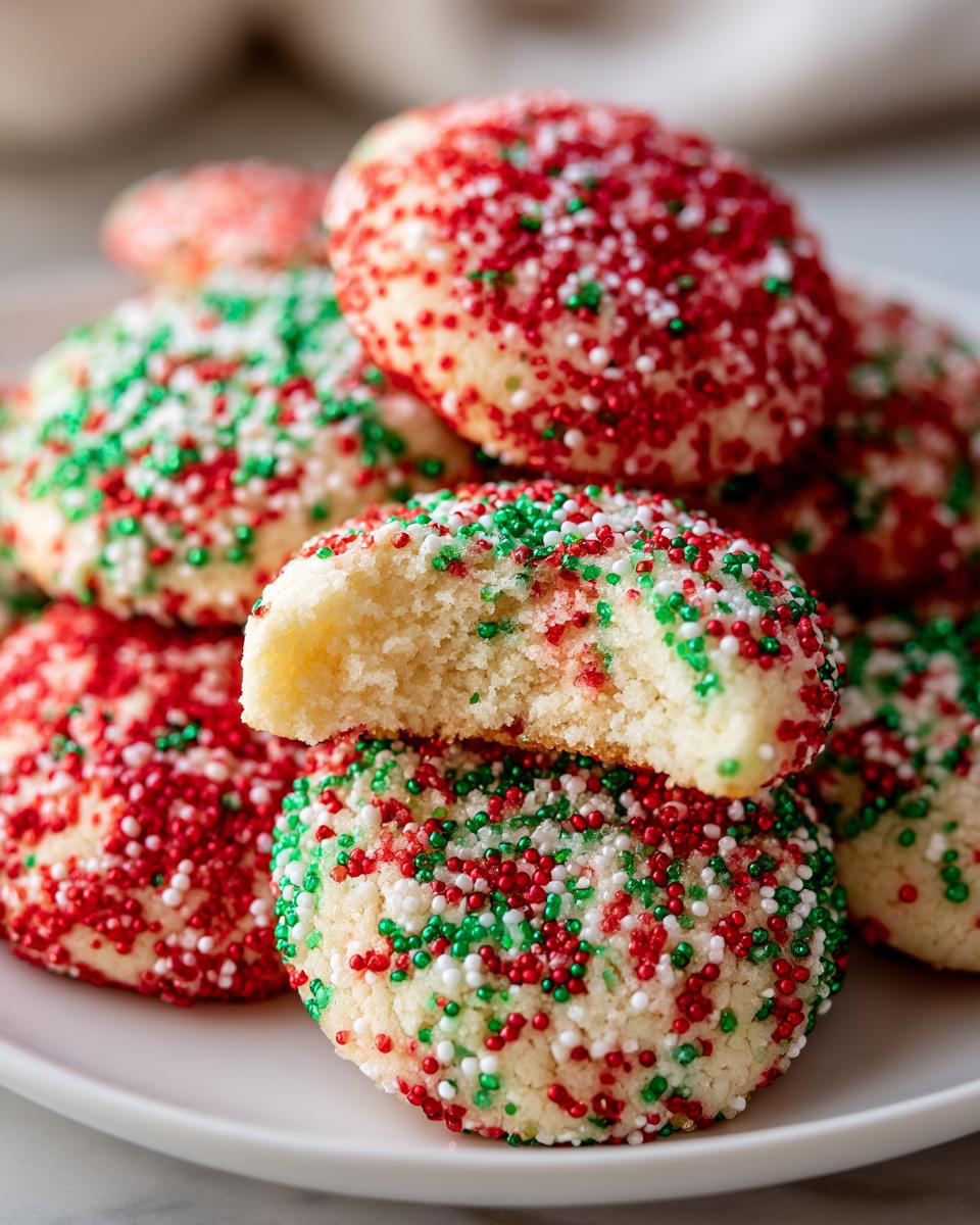 A stack of soft christmas sprinkle sugar cookies covered in red, green, and white nonpareils, with one cookie broken in half.