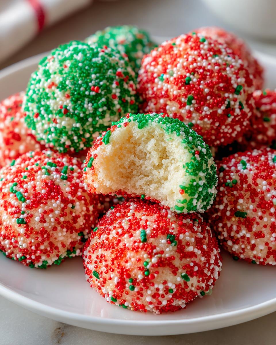 Close-up of soft, round christmas sprinkle sugar cookies coated in red and green nonpareils, one cookie is broken open.
