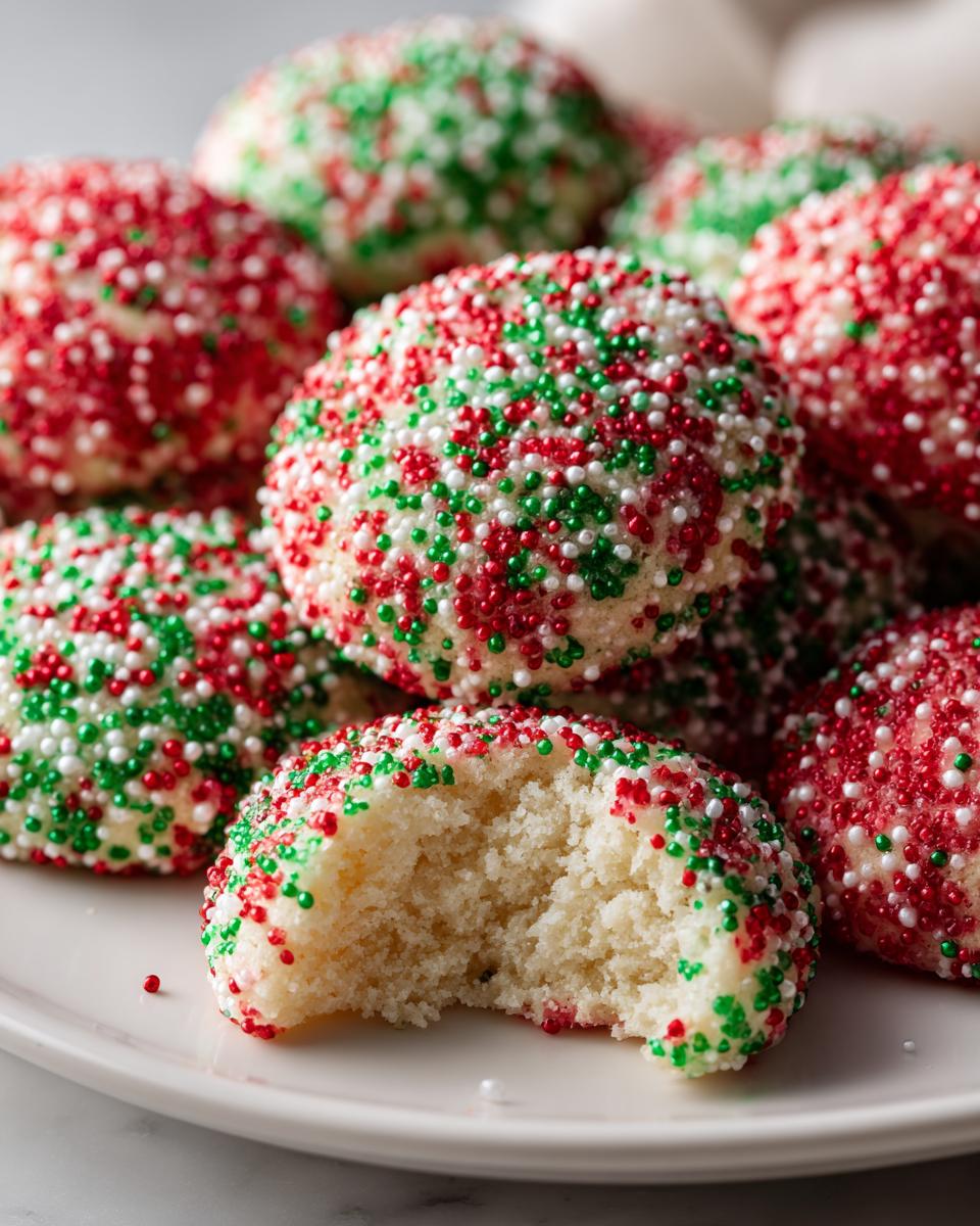 Close-up of soft christmas sprinkle sugar cookies covered in red, green, and white nonpareils, one cookie has a bite taken out.