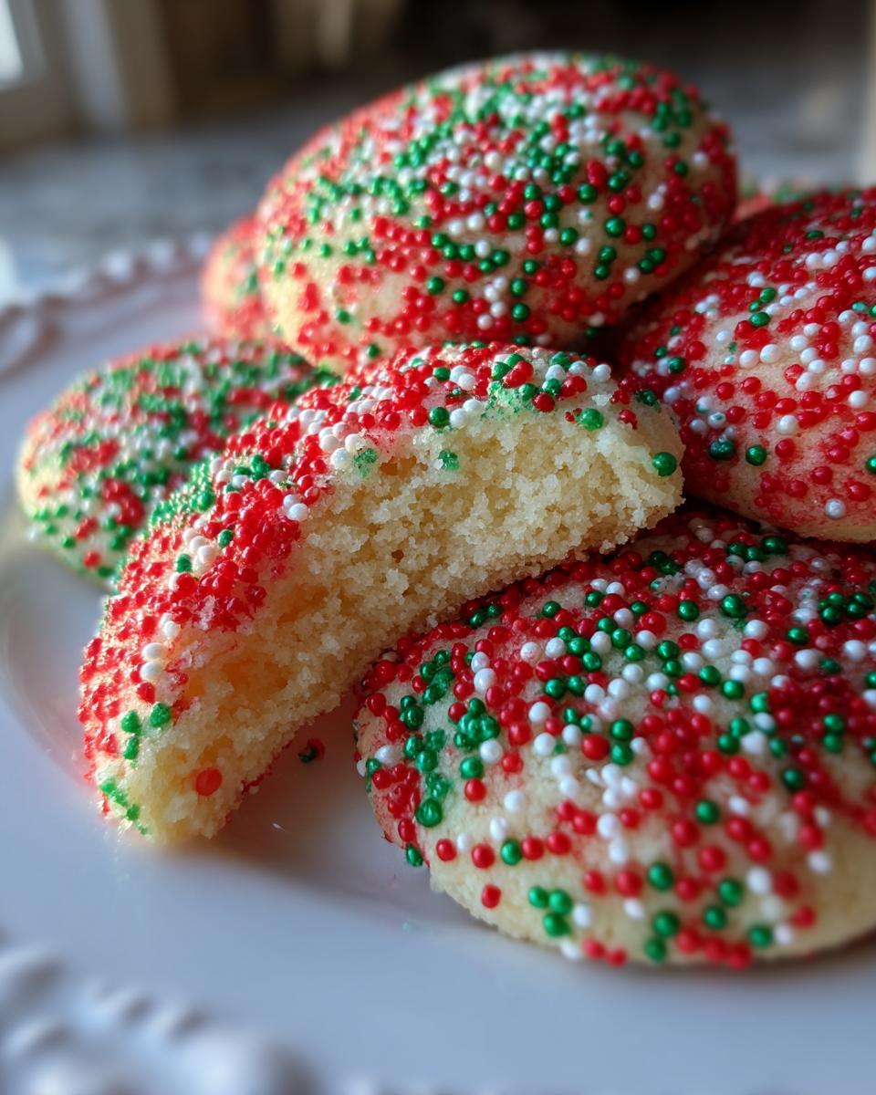 A stack of soft christmas sprinkle sugar cookies covered in red, green, and white nonpareils, one cookie is broken open.
