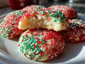 A stack of soft christmas sprinkle sugar cookies covered in red, green, and white nonpareils, with one cookie broken open.