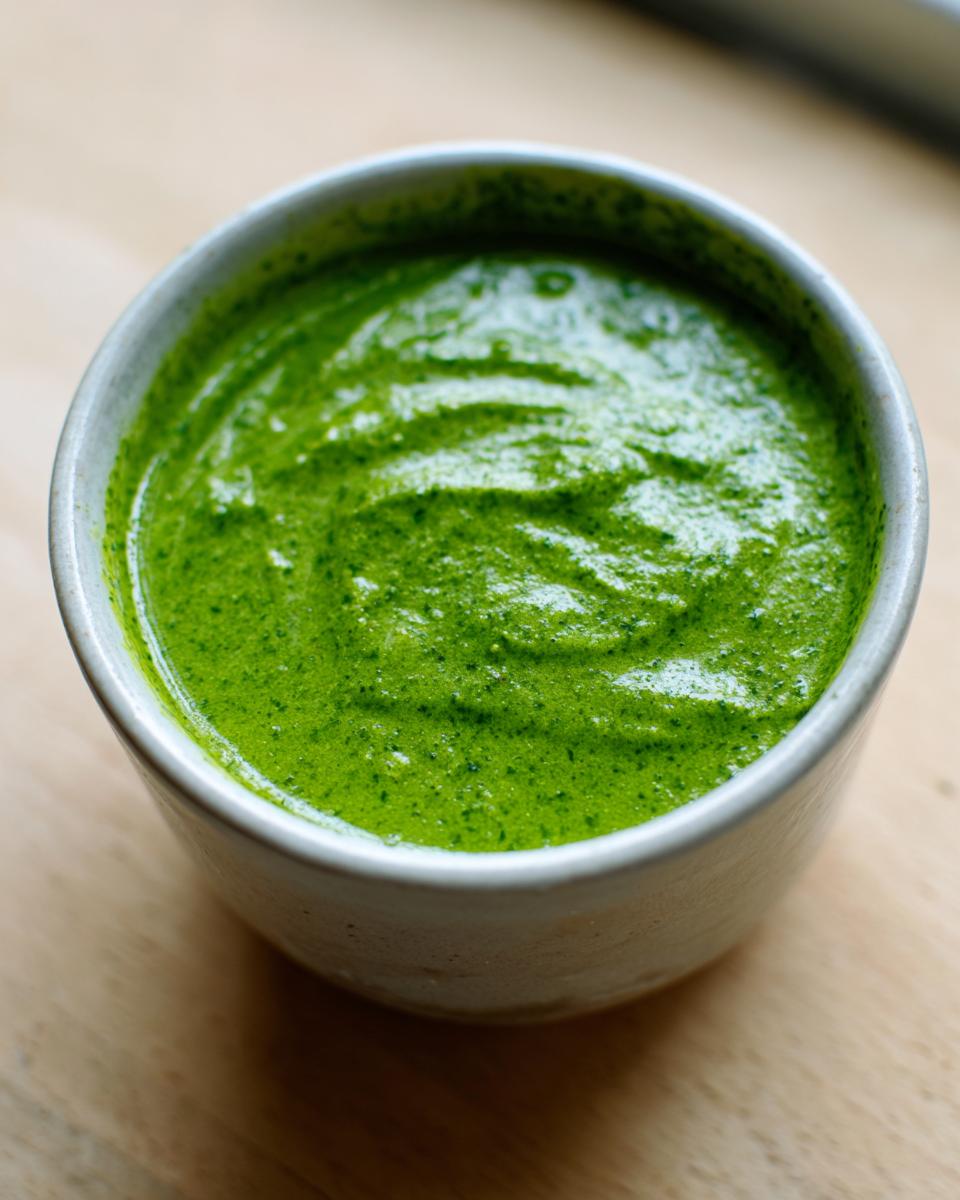 Close-up of a vibrant green, slightly textured cilantro lime sauce served in a small, light-colored bowl.