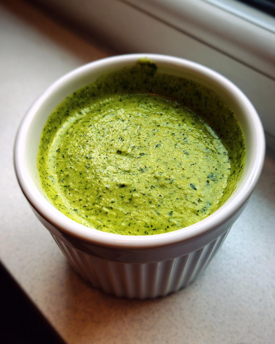 A close-up of vibrant green cilantro lime sauce blended smooth and served in a small white fluted ramekin.