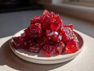 A pile of deep red, crystalline cinnamon rock candy pieces catching the sunlight on a small, light-colored plate.