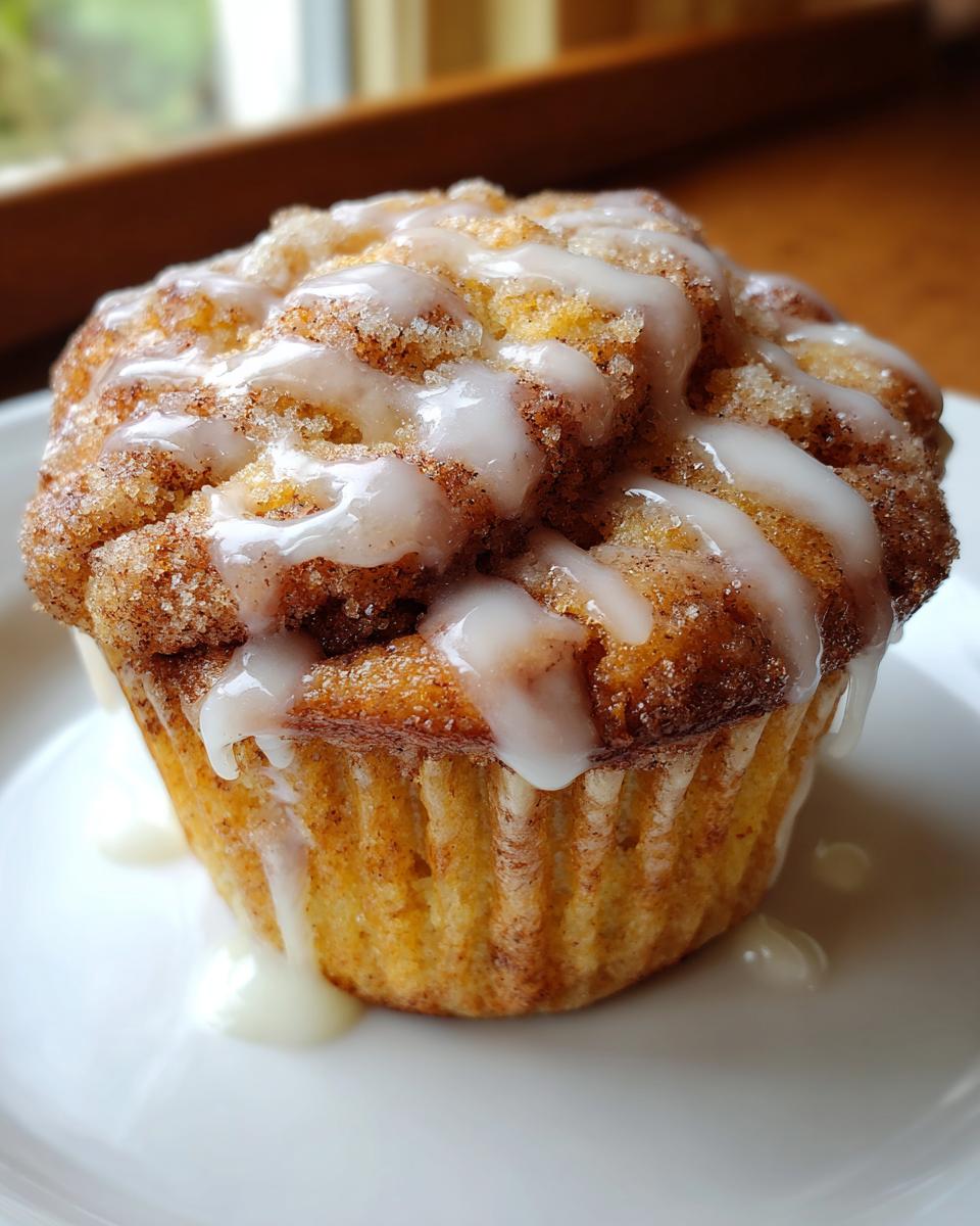 A close-up of a freshly baked cinnamon roll muffin topped with cinnamon sugar and drizzled with white vanilla glaze.