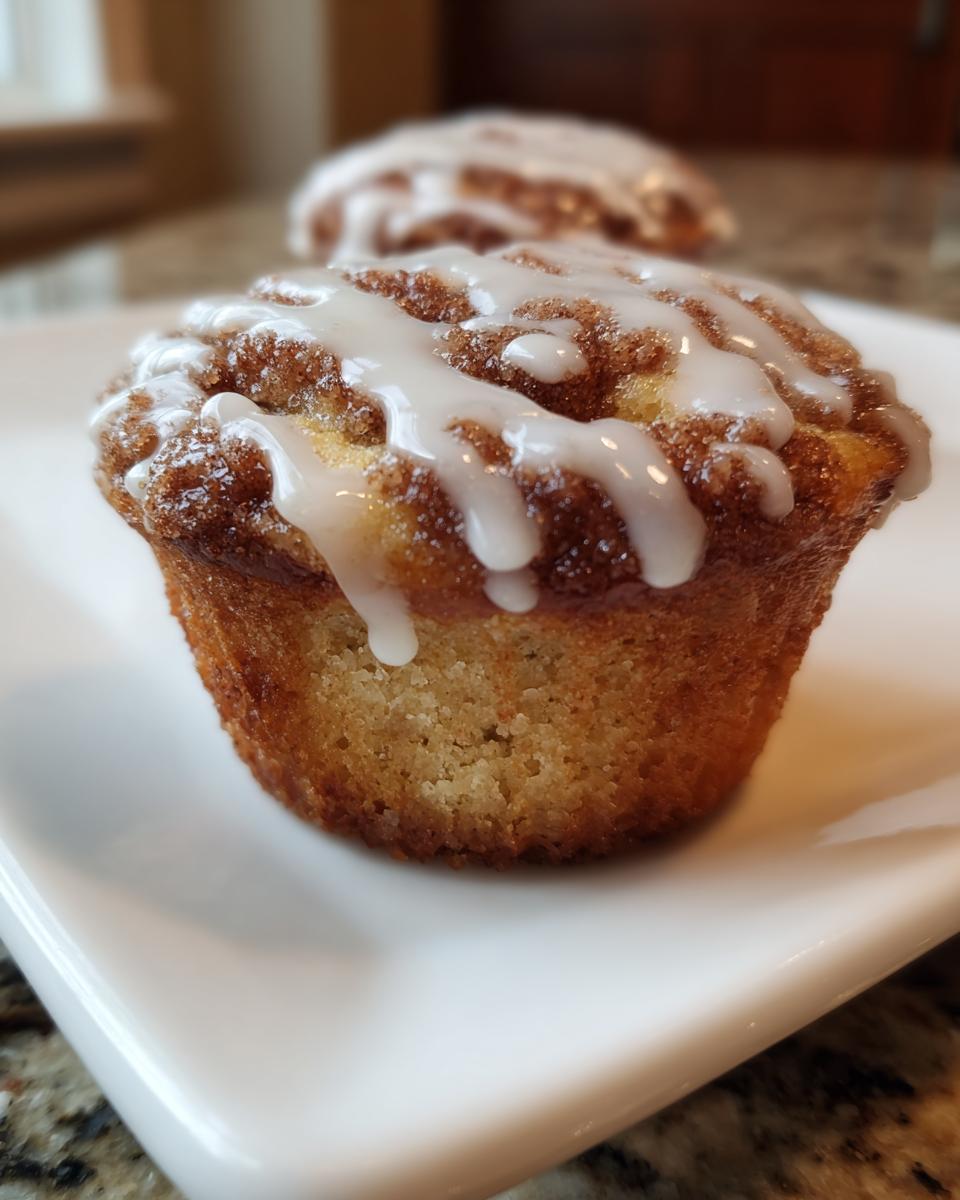A close-up of a freshly baked cinnamon roll muffin drizzled with white icing, sitting on a white plate.
