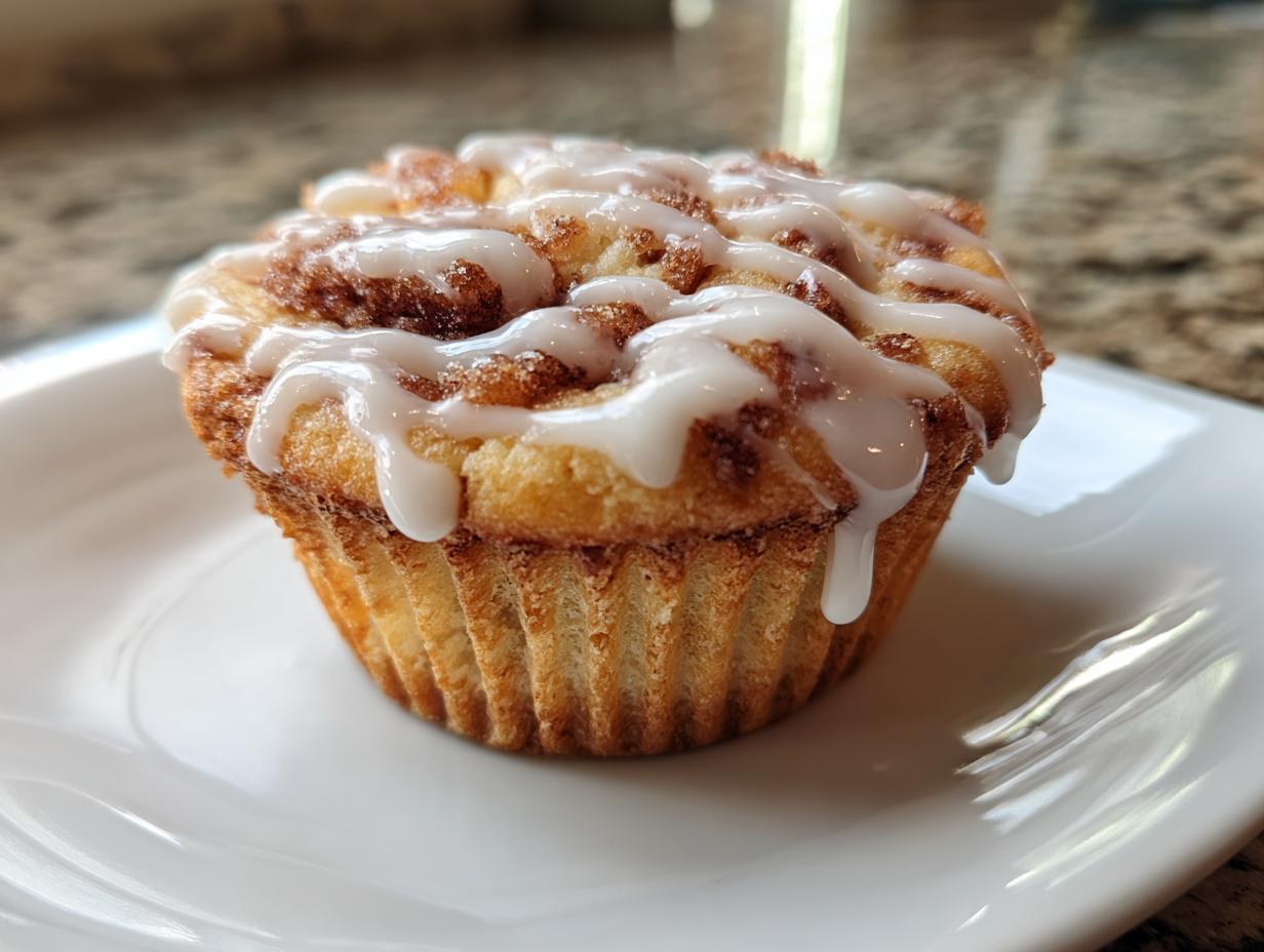 A single, freshly baked cinnamon roll muffin topped with thick white icing, sitting on a white plate.