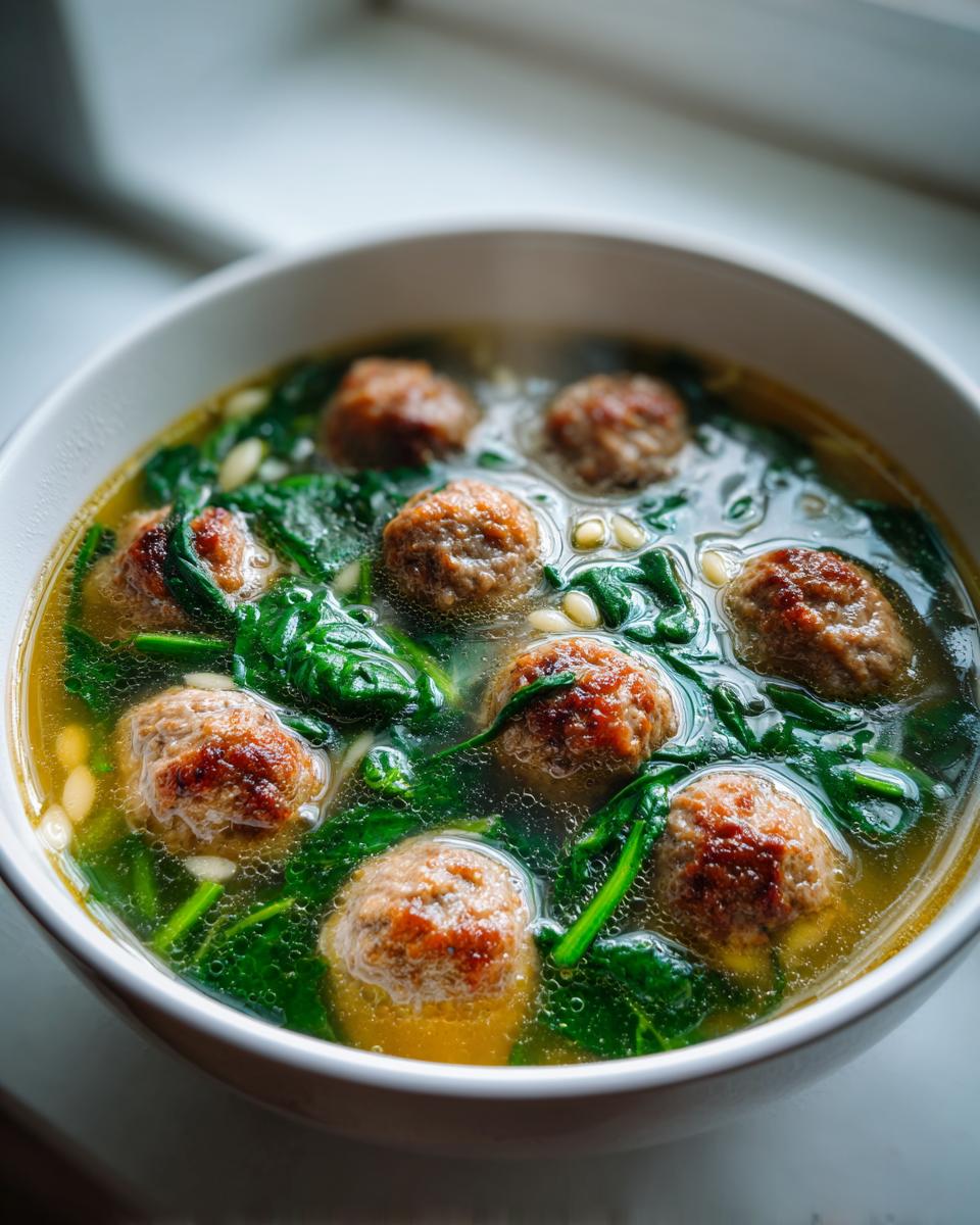 A close-up view of a bowl of hot wedding soup featuring browned meatballs, wilted spinach, and small pasta or pine nuts in a clear broth.