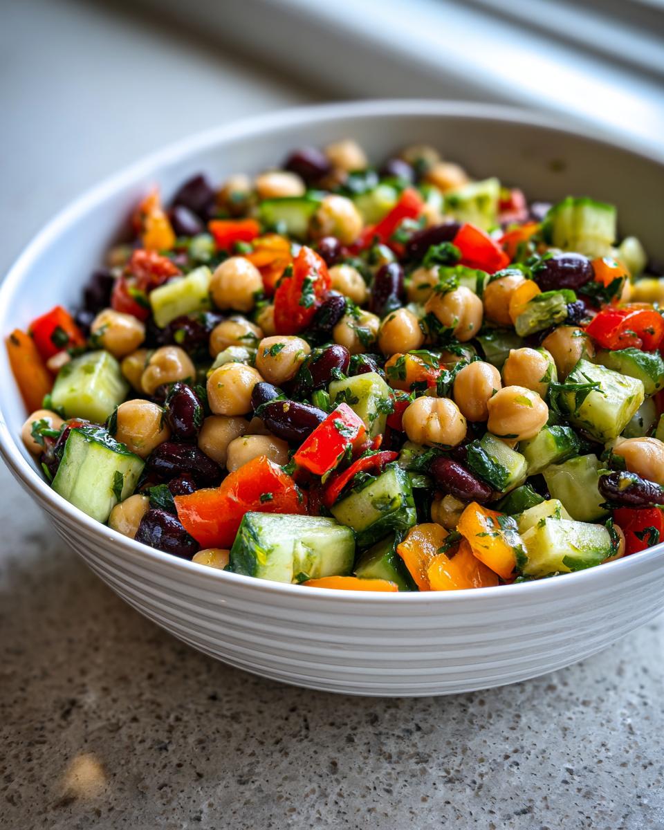 A vibrant bowl of 15-Minute bean salad featuring chickpeas, kidney beans, chopped cucumber, and bell peppers.