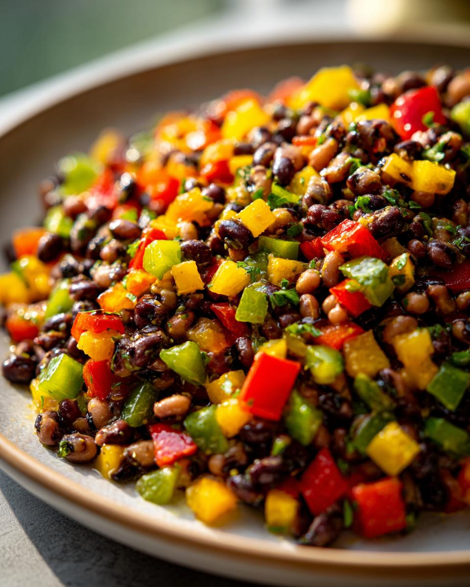 Close-up of vibrant cowboy caviar dip featuring black beans and diced red, yellow, and green bell peppers.