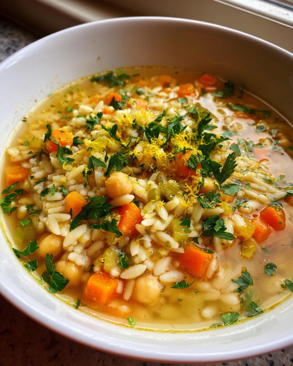 A close-up of a bowl of hot chickpea soup featuring orzo pasta, diced carrots, celery, and topped with fresh parsley and bright lemon zest.