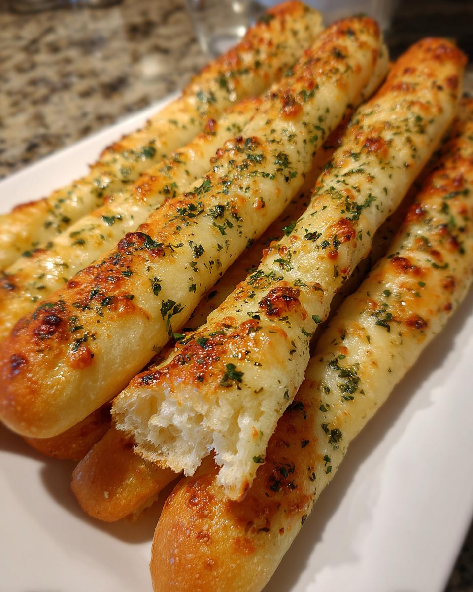Close-up of golden brown, soft copycat breadsticks topped with melted cheese and chopped parsley.