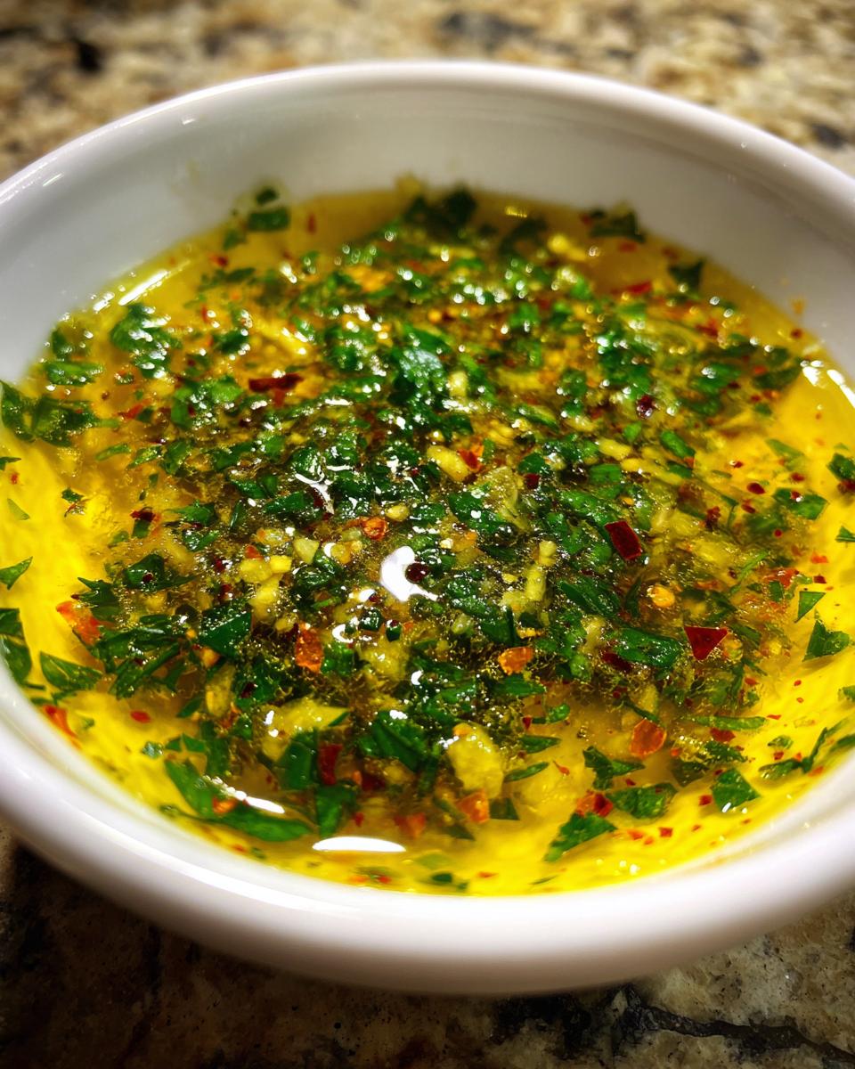 Close-up of vibrant yellow cowboy butter dipping sauce topped with fresh green herbs and red pepper flakes in a small white bowl.