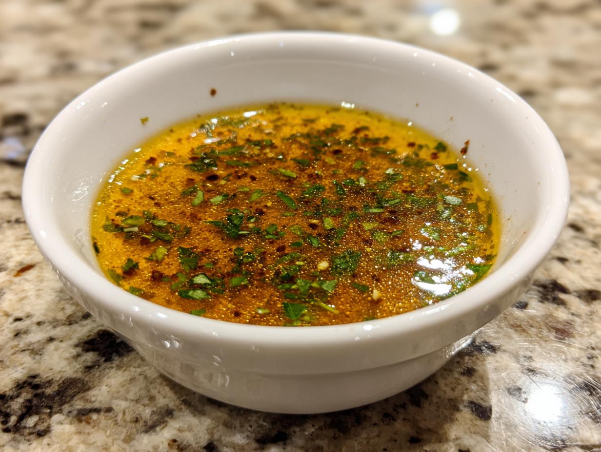 A close-up shot of rich, melted butter seasoned with herbs and spices, served as cowboy butter dipping sauce in a small white bowl.