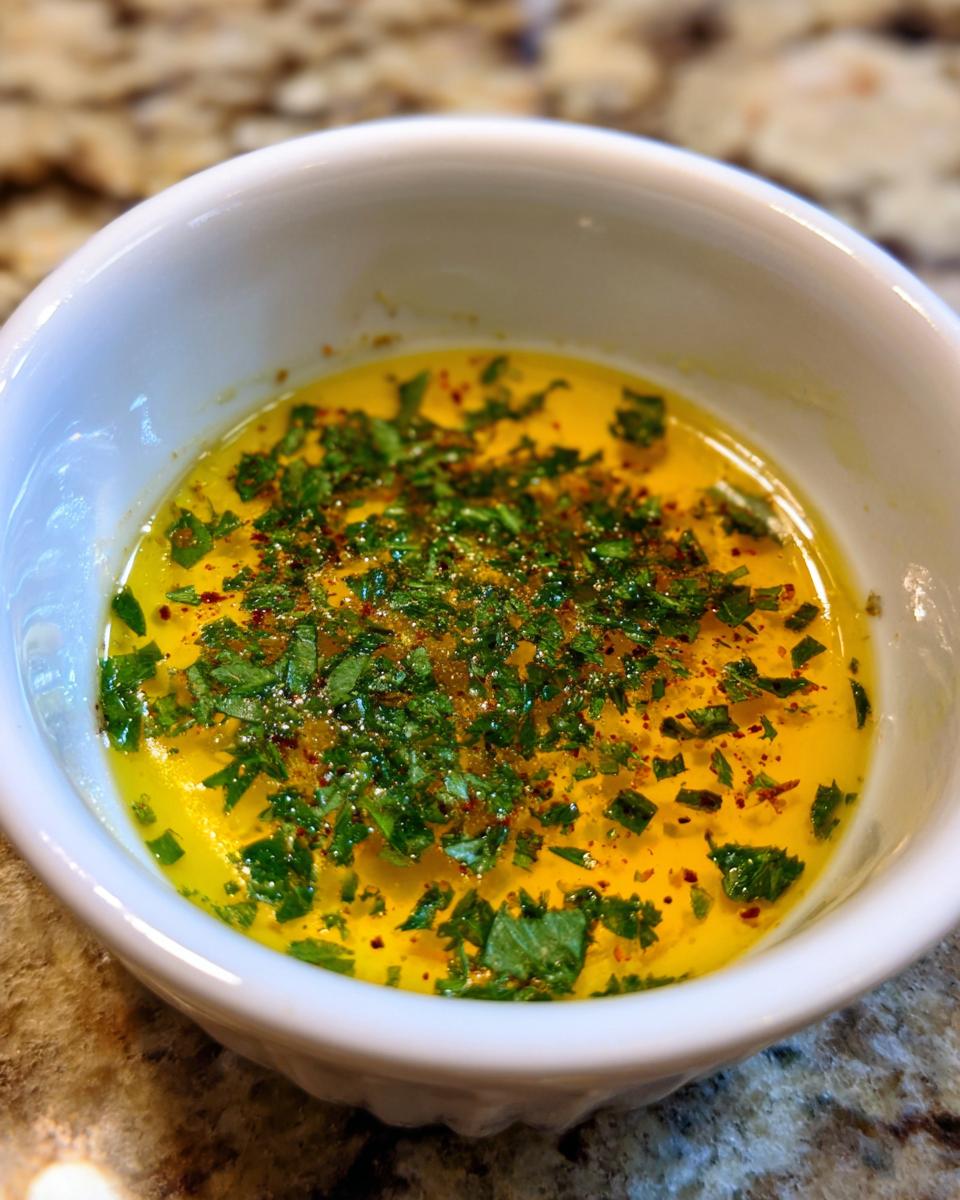Close-up of melted butter topped with fresh green herbs and red pepper flakes, ready to serve as cowboy butter dipping sauce.