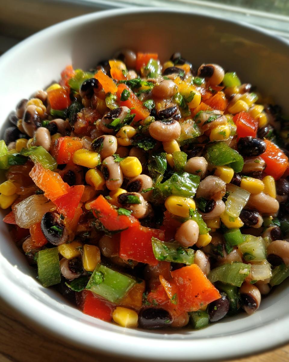 Close-up of vibrant cowboy caviar featuring black-eyed peas, corn, red peppers, and green onion in a white bowl.