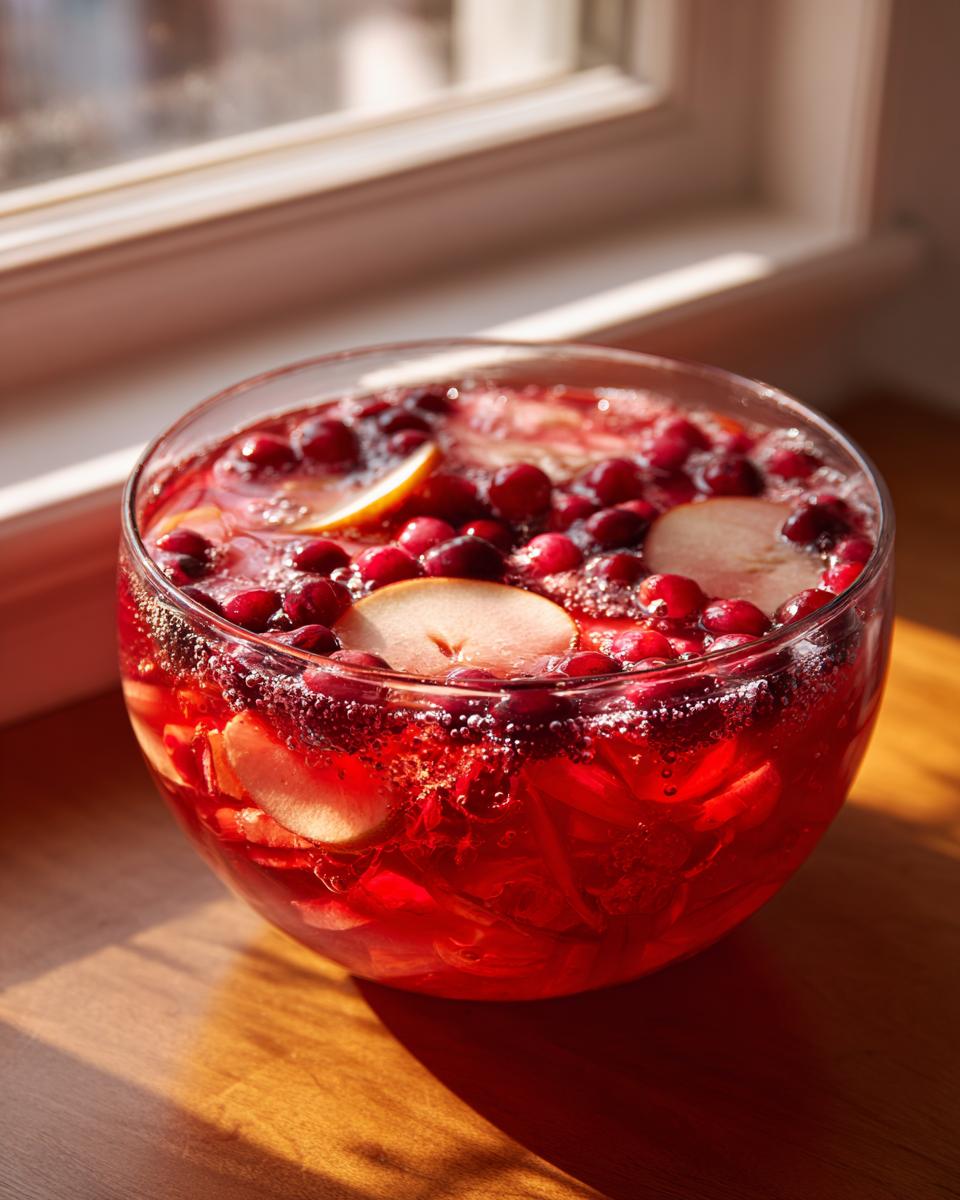 Close-up of a bright red, bubbly thanksgiving punch in a glass bowl garnished with whole cranberries and apple slices.