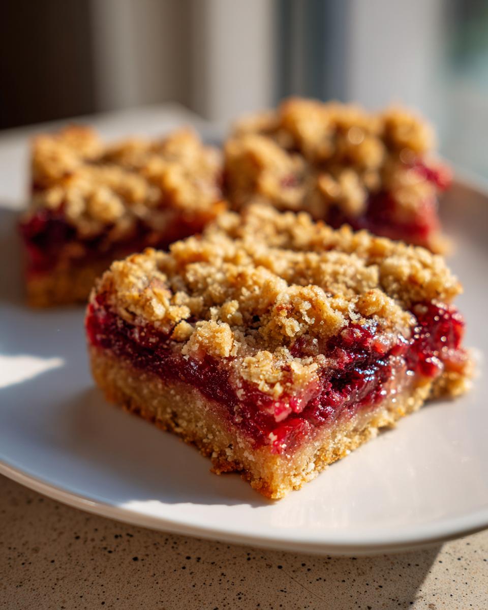 A close-up of a square cranberry crumble bars slice showing the thick, bright red cranberry filling and golden oat topping.