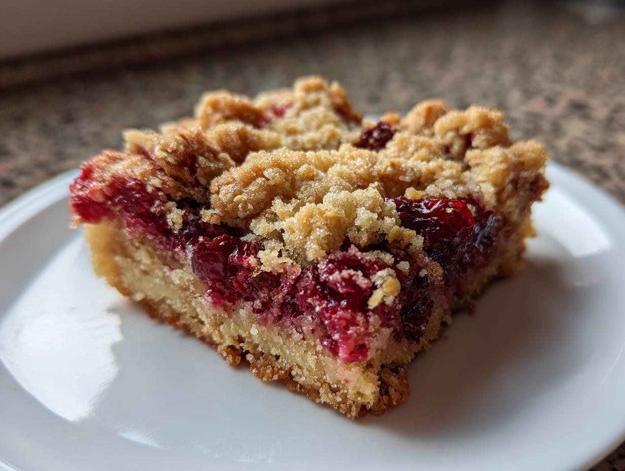 A close-up view of a single square of cranberry crumble bars showing the thick cranberry filling and crumb topping.