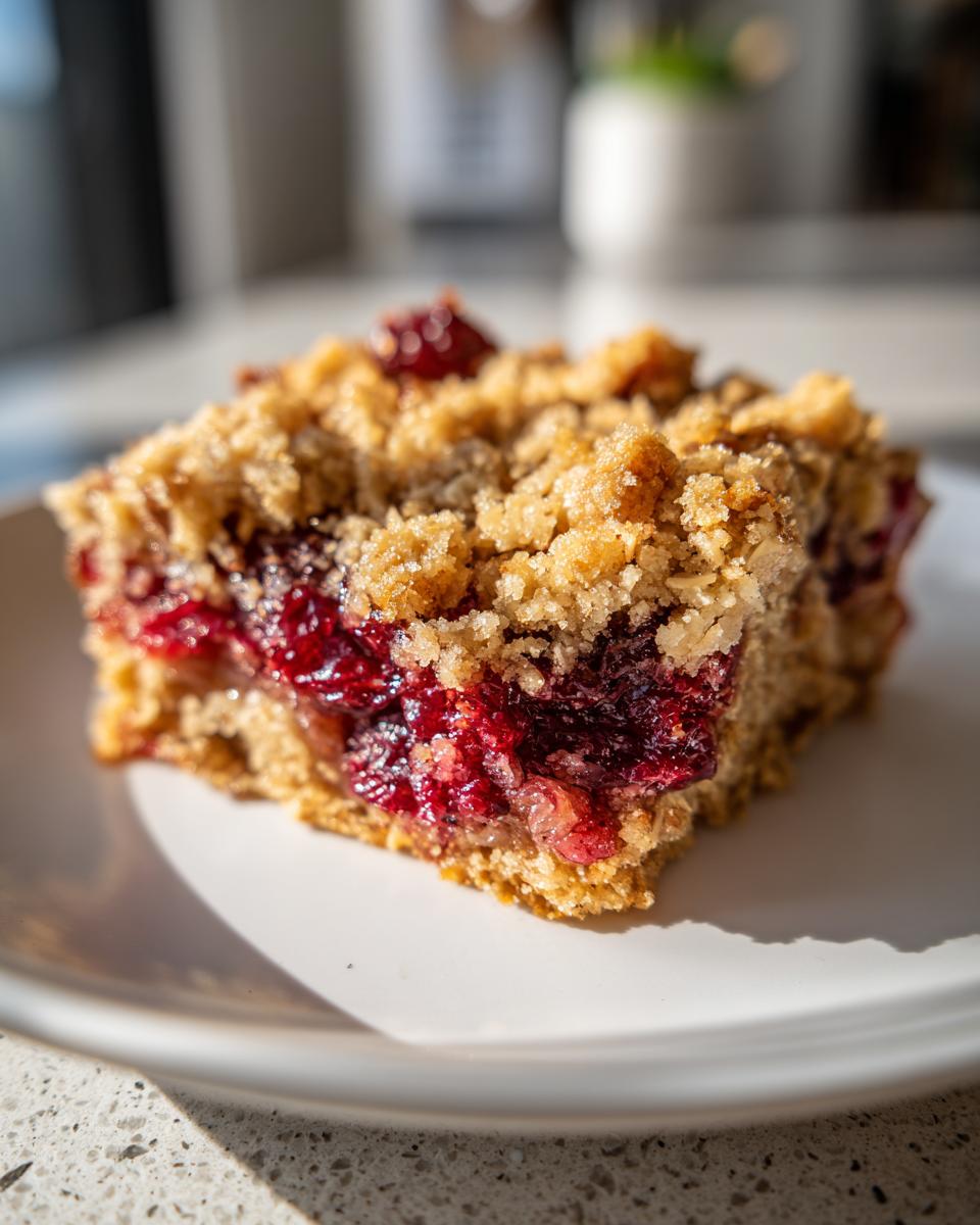A single square of cranberry crumble bars showing a thick layer of bright red cranberry filling and a golden, sugary oat topping.