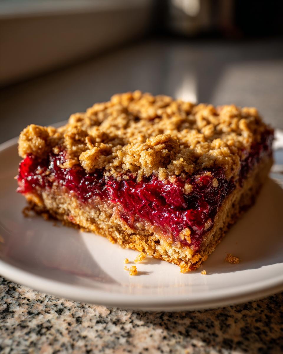 A single serving of a cranberry crumble bars showing a thick layer of bright red cranberry filling and a golden, crumbly topping.