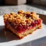 A single, thick slice of cranberry crumble bars showing a bright red cranberry filling and golden oat topping.