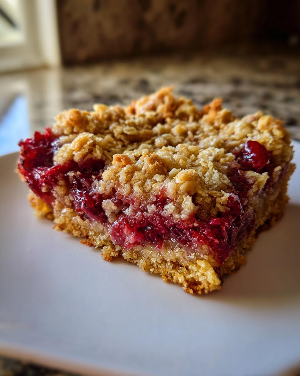 A close-up shot of a single serving of cranberry crumble bars showing the thick oat topping and vibrant red cranberry filling.