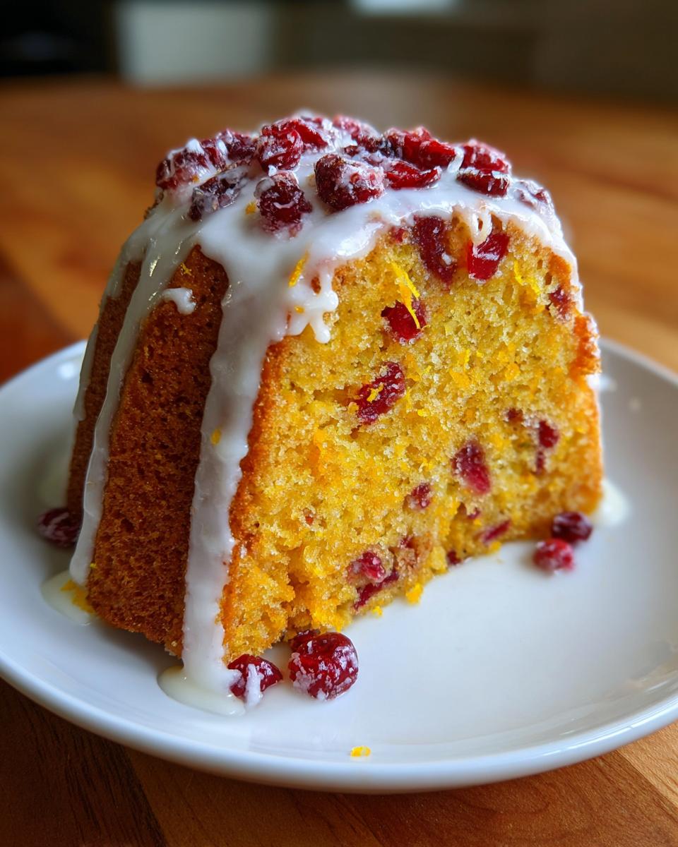 A close-up of a slice of moist cranberry orange cake, drizzled with white glaze and topped with dried cranberries.