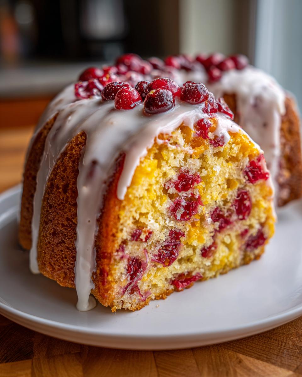 Close-up of a slice of moist cranberry orange cake with visible cranberries, topped with white glaze and fresh cranberries.