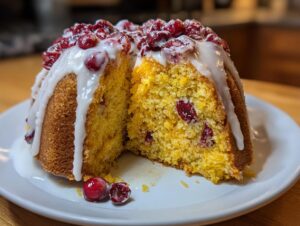 A slice cut from a bundt-style cranberry orange cake, topped with white glaze and fresh cranberries.