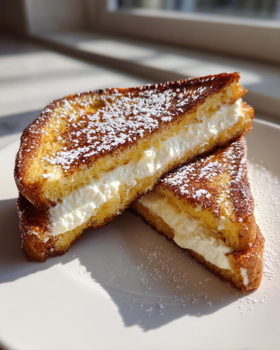 Two halves of golden brown cream cheese stuffed french toast stacked, dusted with powdered sugar.