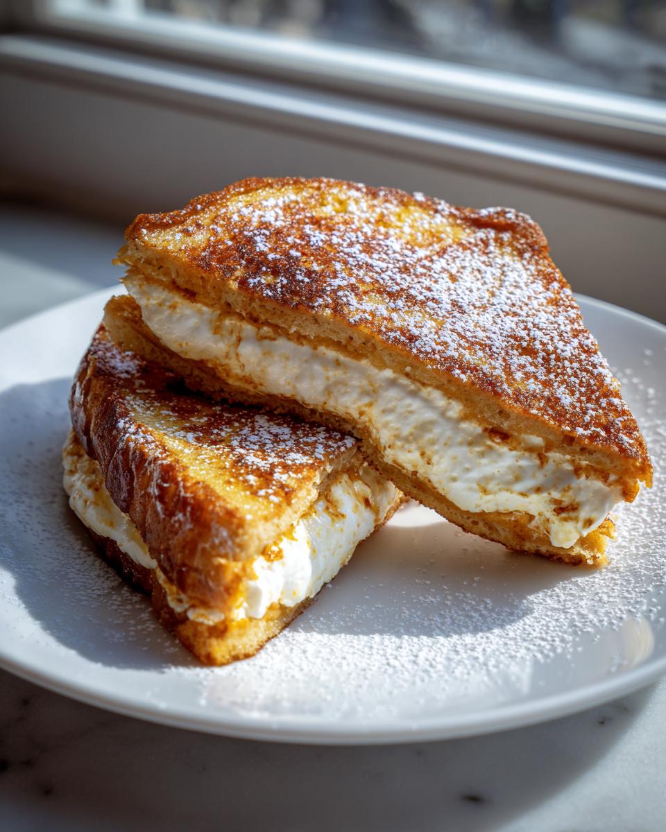 Two halves of golden brown cream cheese stuffed french toast stacked on a white plate, dusted with powdered sugar.