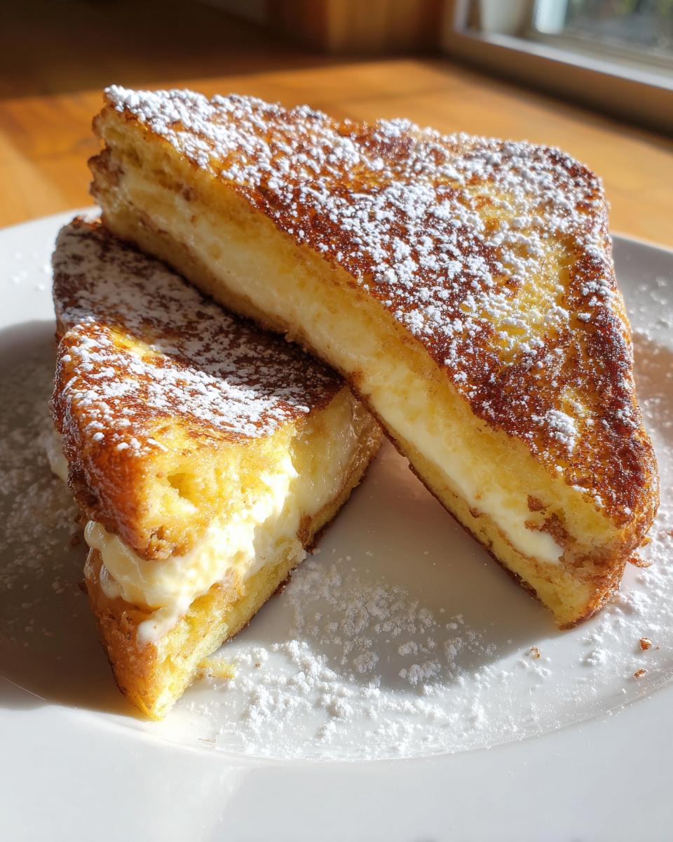 Two golden brown slices of cream cheese stuffed french toast dusted heavily with powdered sugar.