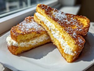 Two golden slices of cream cheese stuffed french toast dusted with powdered sugar on a white plate.