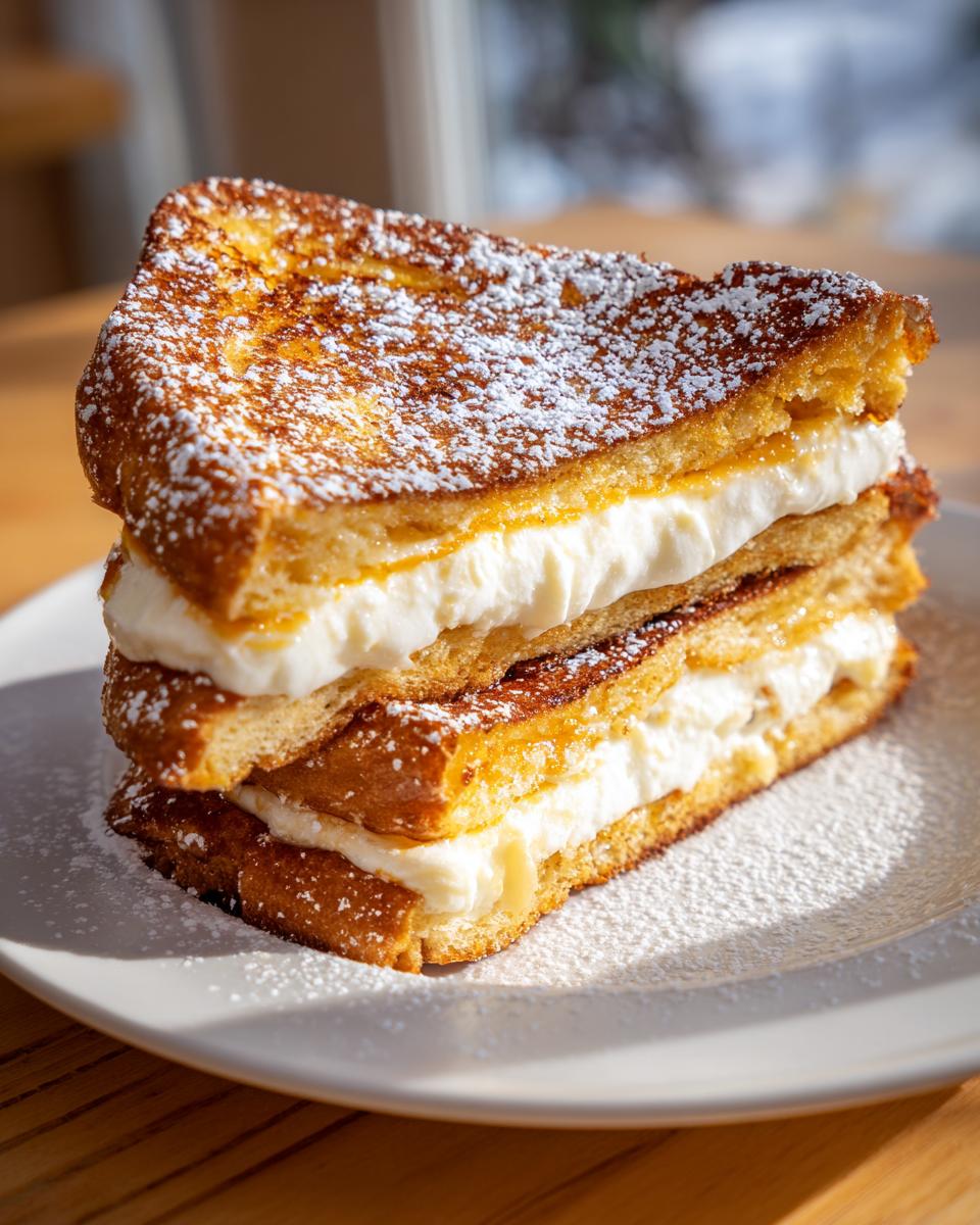 A tall stack of golden brown cream cheese stuffed french toast dusted with powdered sugar.