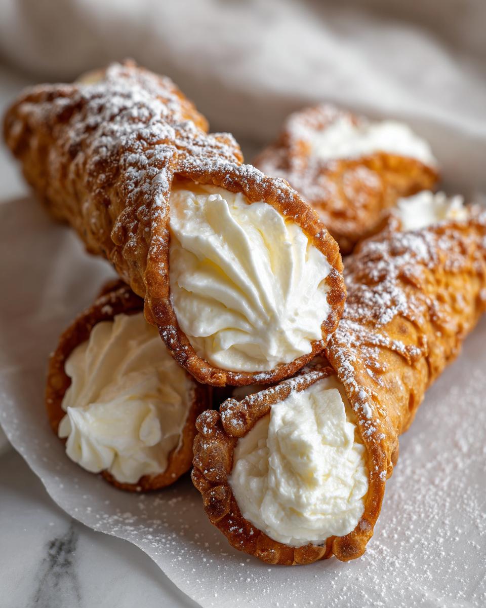 Close-up of several freshly made cannoli, filled with sweet ricotta cream and dusted with powdered sugar, demonstrating the perfect cannoli recipe.