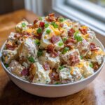 Close-up of a creamy baked potato salad topped with bacon bits, shredded cheddar, and green onions.