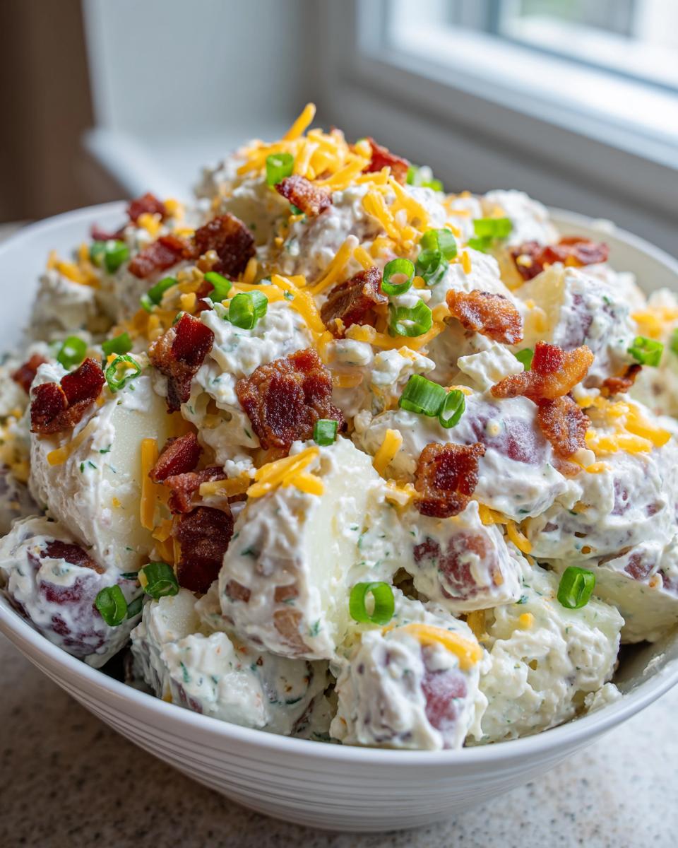 Close-up of a creamy baked potato salad topped with bacon bits, shredded cheddar cheese, and green onions.