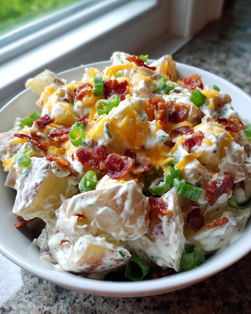 A close-up of a bowl of creamy baked potato salad topped with cheddar cheese, bacon bits, and green onions.