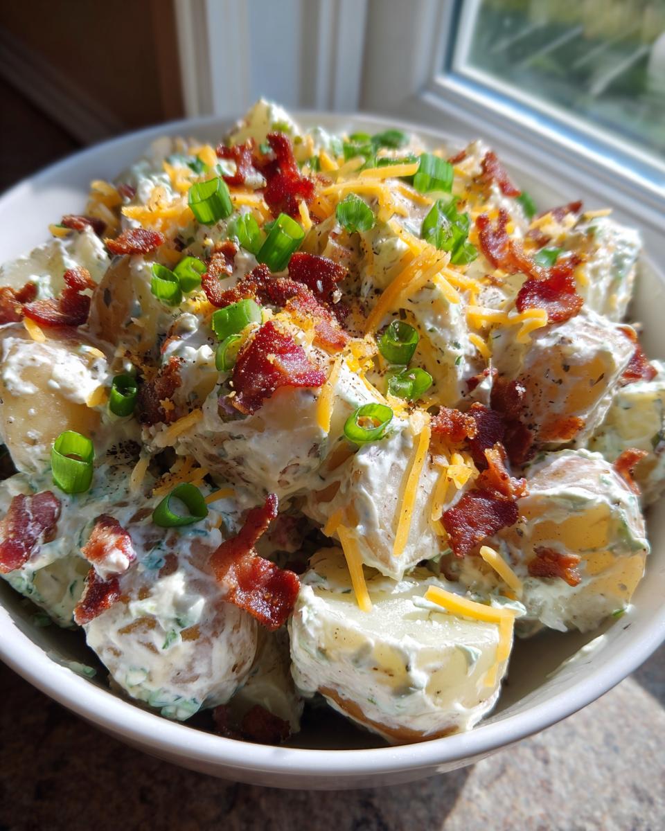 Close-up of a bowl of creamy baked potato salad topped with crispy bacon, shredded cheddar, and green onions.