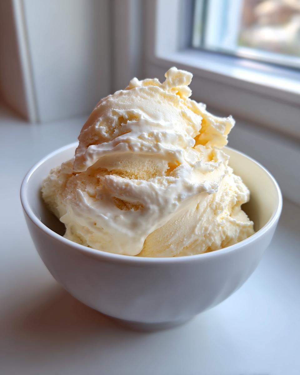 A generous serving of pale yellow, creamy banana ice cream scooped high in a white bowl near a window.
