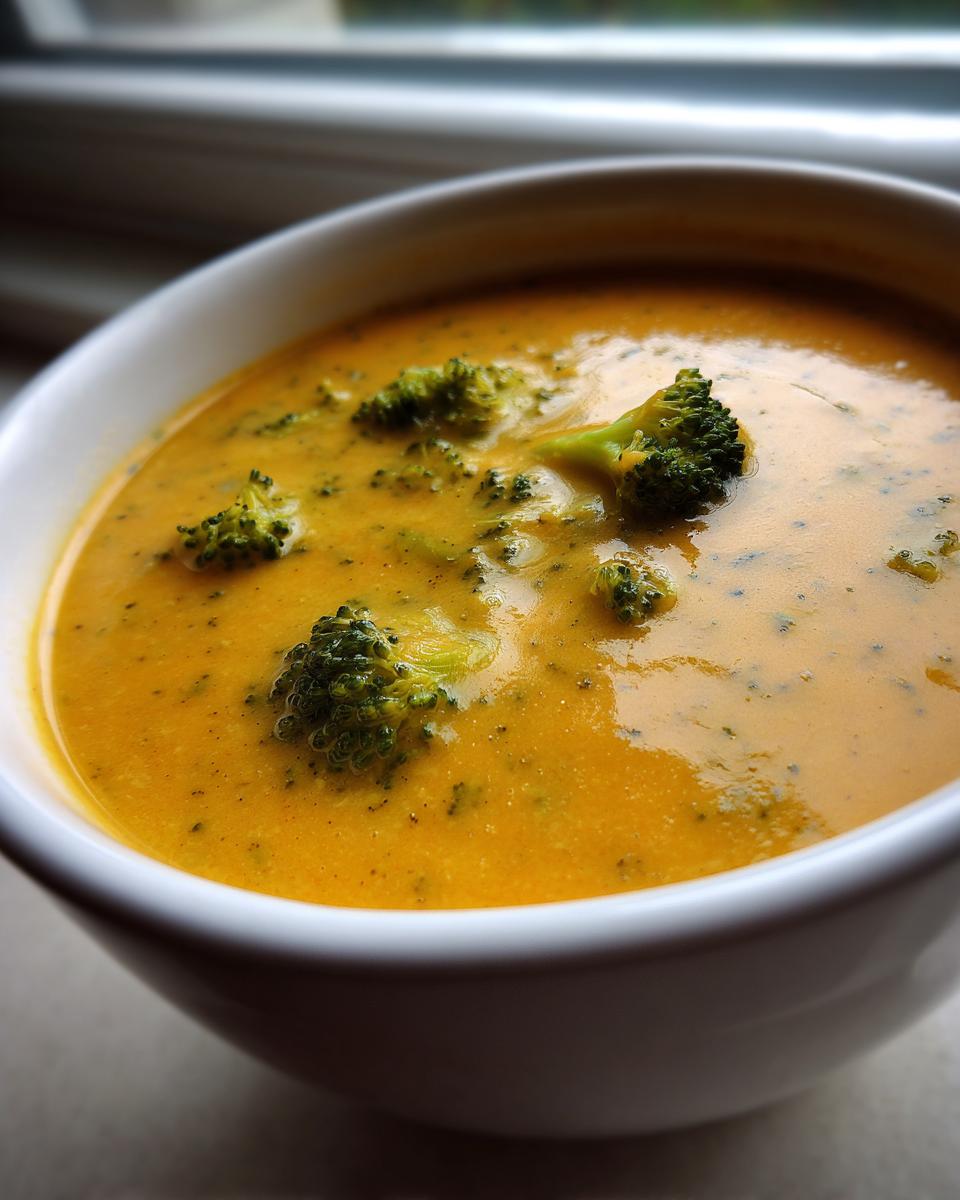 A close-up of a bowl of thick, creamy, orange-colored broccoli cheddar soup topped with florets.