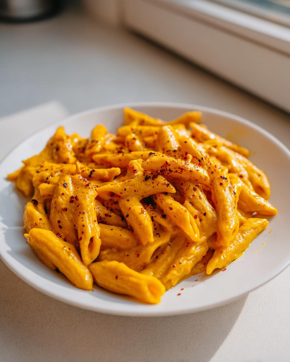 A white bowl filled with penne pasta coated in a vibrant orange butternut squash pasta sauce, topped with red pepper flakes.