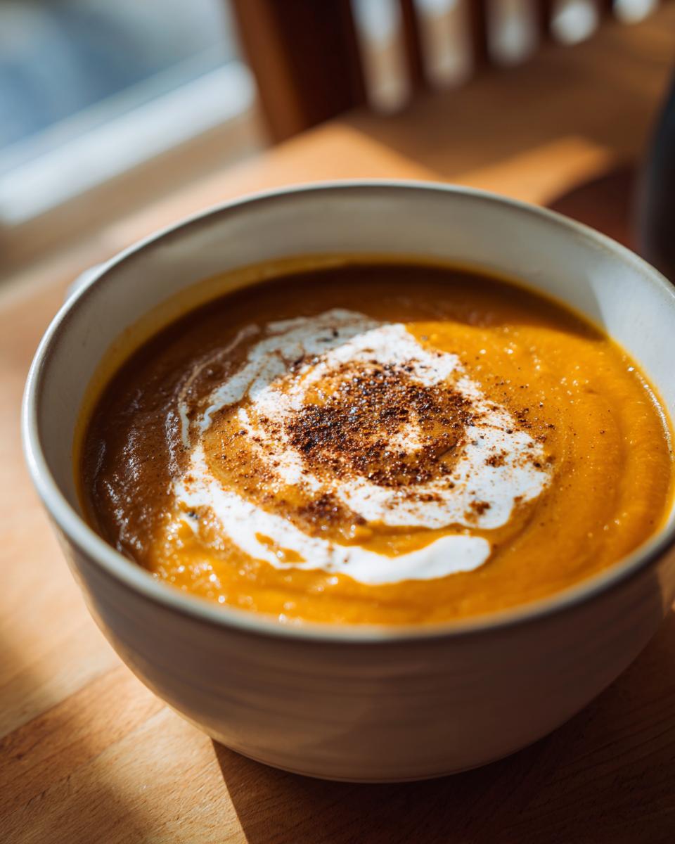 A close-up of creamy butternut squash soup topped with a swirl of cream and a sprinkle of spice.